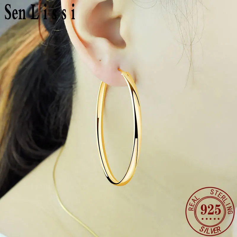 Senlissi - Nowe pozłacane kolczyki kółka dla kobiet 925 Sterling Silver 3.0mm Fashion Earring Cерьги Kольца 3/4/5/6/7CM