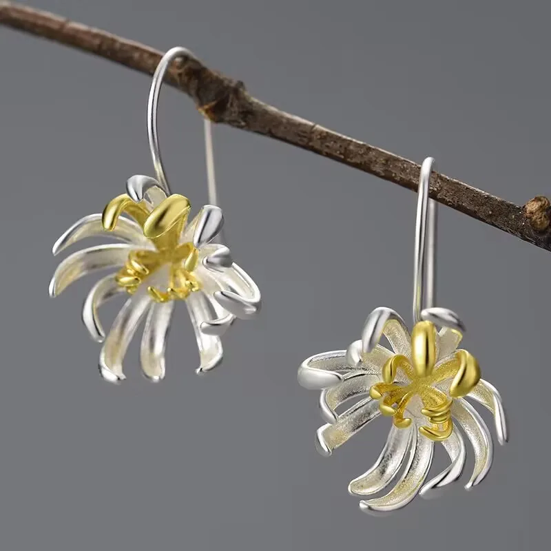 Original 18k Gold Elegant Chrysanthemum Flower Dangle Earring for Women Real 925 Sterling Silver Party Fine Jewelry