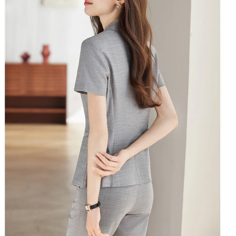 NAVIU Women Short Sleeve Suit Jacket Office Work Gray Blazer Blazer And Pants For Ladies Office Summer Slim Fit Formal Work Wear