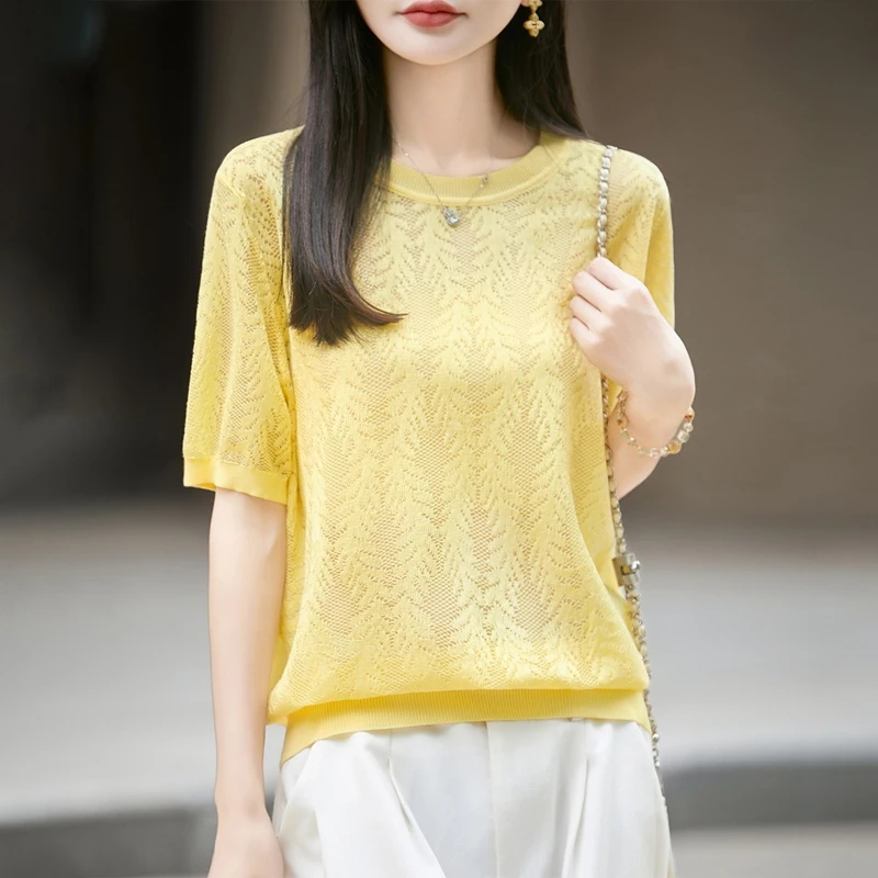 Women's Half-sleeved T-shirt Wool Lyocell Tees Sweater O-neck Flower Shaped Hollow Pullover Vest Summer Knitted Bottoming Tops