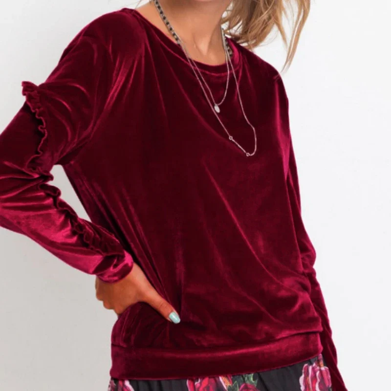 

2024 New Fashion Velvet Top Round Neck Casual Versatile Autumn/Winter Top Gold Velvet Ruffle Edge Long Sleeve Sweater Sweater