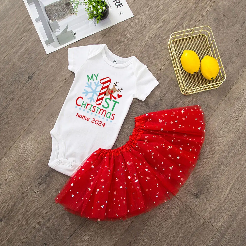 Personalized Christmas Baby Bodysuit & Tutu Set Custom Name Cake Dress Girls Shoty Sleeve Jumpsuit Skirts Girl Xmas Party Outfit