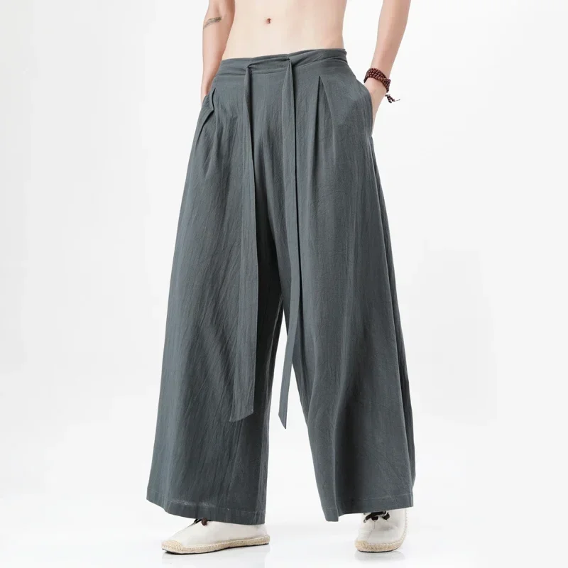 Chinese Tang Cotton Linen Trousers Men\'s Day Kimono Trousers Street Retro Wide Leg Comfortable Kung Fu Martial Arts Trousers