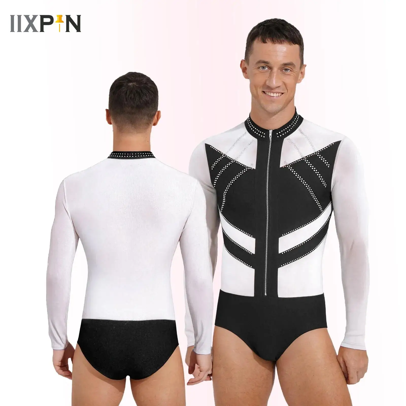 

Mens Glittery Rhinestones Sheer Mesh Dance Bodysuit Long Sleeve Leotard for Latin Ballet Gymnastic Figure Skating Performance