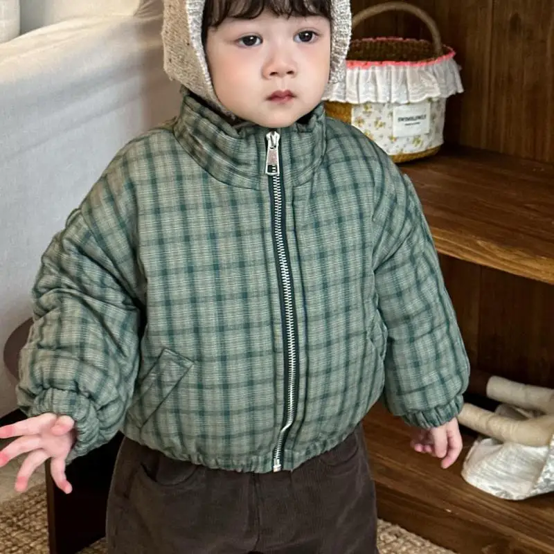 

2025 Winter New Children Warm Plaid Coat Boys Girls Cotton Padded Jacket Long Sleeve Baby Plus Velvet Thick Coat Kids Clothes