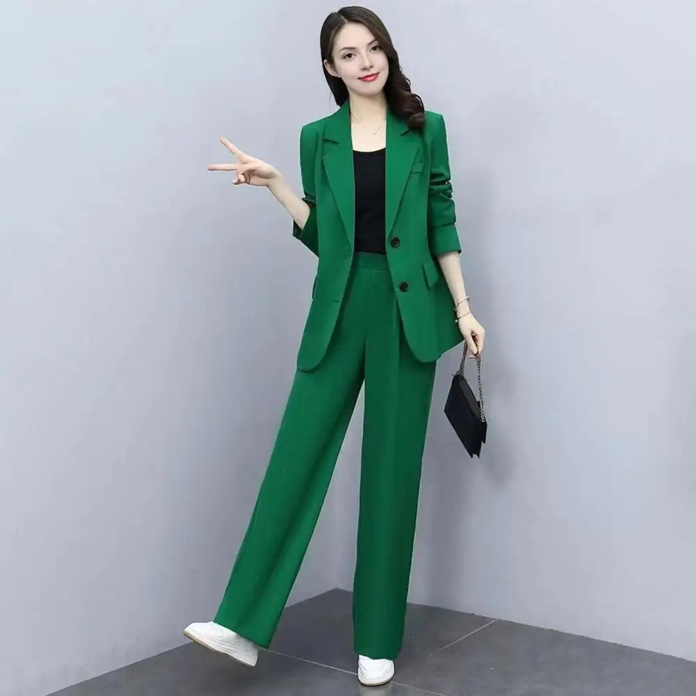 Green 2025 women's new fashion design three-dimensional cut high collar slim suit jacket & matching casual trousers