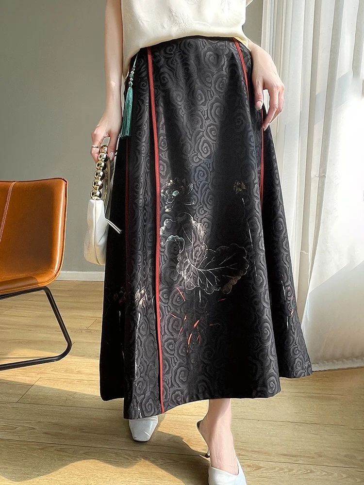 New Chinese Style Heavy Embroidery Silk Asymmetrical Hemline High Waist Midi A-Line Skirt Women's Fashion Spring Collection