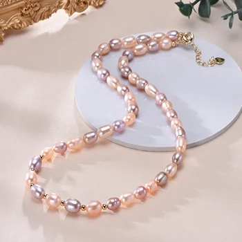 HENGSHENG-collar de perlas de colores mezclados para mujer y niña, joyería de plata de ley 925 con forma de arroz de 6-7mm, agua dulce, blanco, rosa y morado