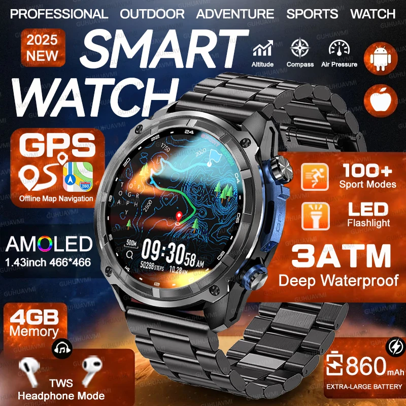 

Outdoors T-Rex New Men GPS Military Offline map Smartwatch 860mAh Battery 3ATM Waterproof 4GB HD Call Outdoor Sport Swim Watches