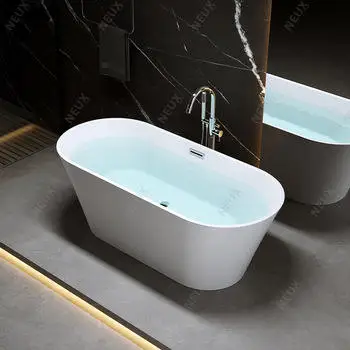 Modern Design Freestanding Acrylic Bathtub White Soaking Stand-Alone Whirlpool Tub With Drainer Hotel-Style Accessory