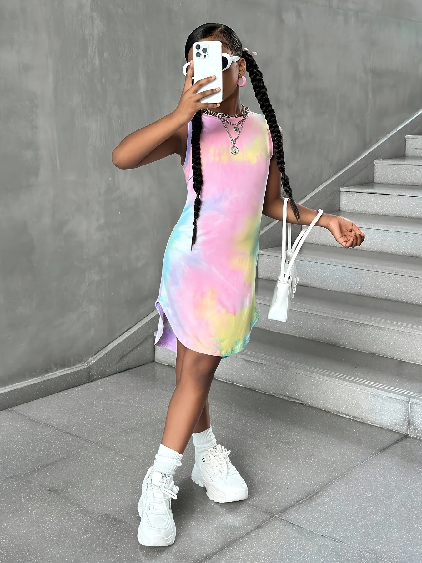 Stretchy Kids Girls Single Piece Summer Dress, Round Neck Sleeveless Colorful Tie Dye Split Hem Tank Dress for School Outings Ma