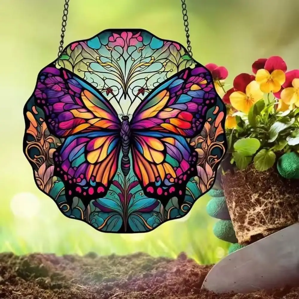 Round Butterfly Painted Window Decoration Exquisite Acrylic Hanging Wall Decoration Colorful Creative Stained Window Suncatcher