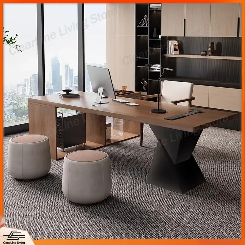 Simple Modern Solid Wood Desk with Tea Table Integrated President Office Table Large Executive Desk Light Luxury High End