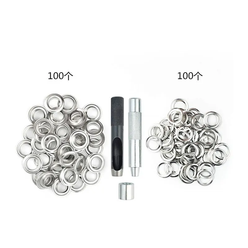 100sets Silver metal eyelets 4mm 5mm 6mm 8mm 10mm 12mm 14mm 20mm with hole punch tool For Shoes Bag Leather Belt eyelets grommet