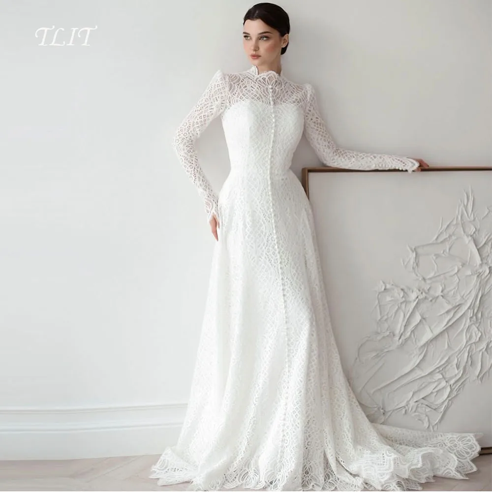 فساتين زفاف حورية البحر من الدانتيل الفاخر من TLIT مخصصة برقبة دائرية وأزرار زفاف وأكمام طويلة من الدانتيل زي العرائس