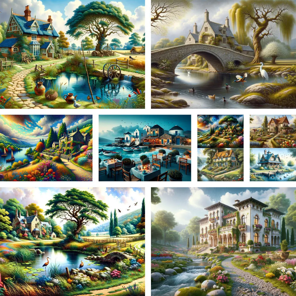 

Lndscape Country House Pre-Printed Cross Stitch DIY Embroidery Full Kit Painting Hobby Handicraft Craft Gift Room Decor Jewelry