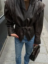 Women Fashion V-neck Lapel Belt Leather Jacket Chic Lace Up High Waist Full Sleeve Overcoat 2025 Lady Autumn High Street Outwear