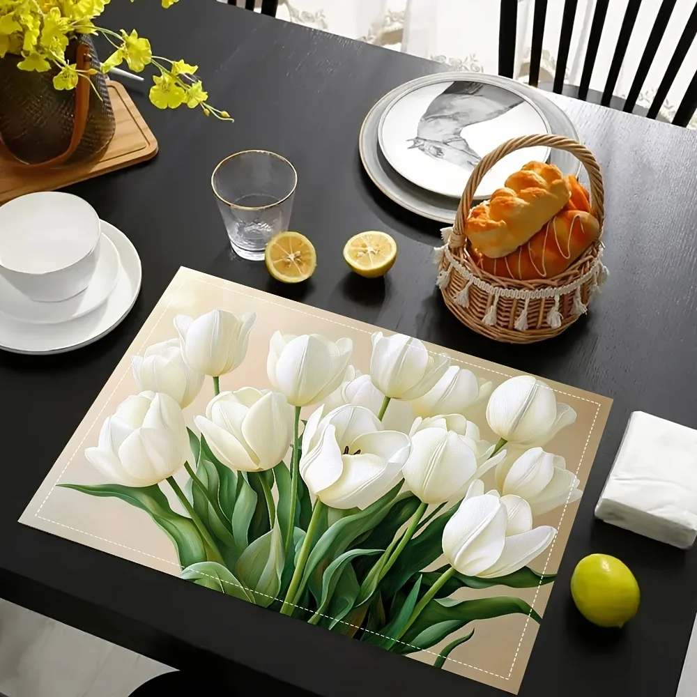 2pc Pack Imitation Linen Table Mats 30.x.7SingleSided White Tulip Print,OnlyHoliday DecorCoffee Table & Plate Mats,% Imitation L