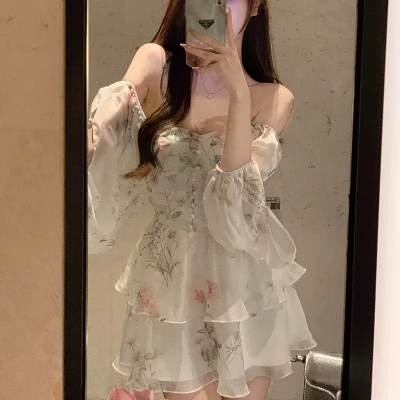 Chiffon floral impressão em camadas mulheres mini vestidos doce fora do ombro babados retrar cintura robe 2025 senhora praia festa vestido