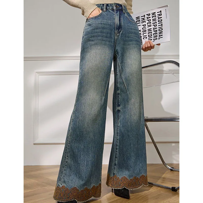 2026 秋冬ファッション刺繍花柄ストレートデニムパンツレディースルーズハイウエストカジュアルワイドレッグジーンズレディースパンツ