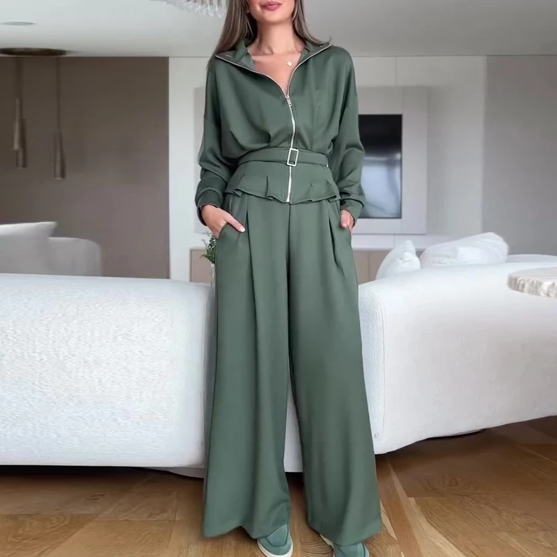New Autumn Winter Solid Color Loose Women's Suit Lapel Zipper Jacket and Wide Leg Pants 2 Piece Vintage Pocket Commuting Outfit