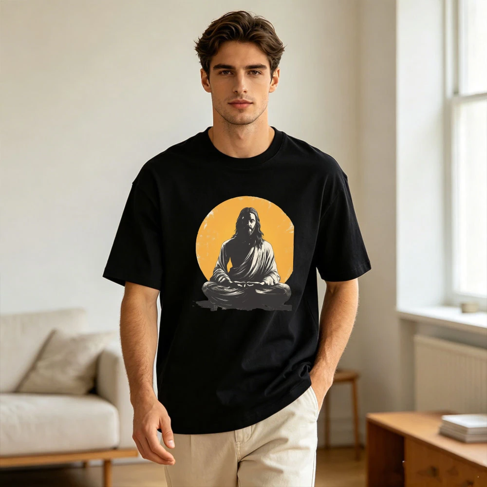 Meditating Jesus Graphic T-Shirt Retro Sun Christian Zen Aesthetic Tee Spiritual Minimalist Casual Mens Cotton Short Sleeve