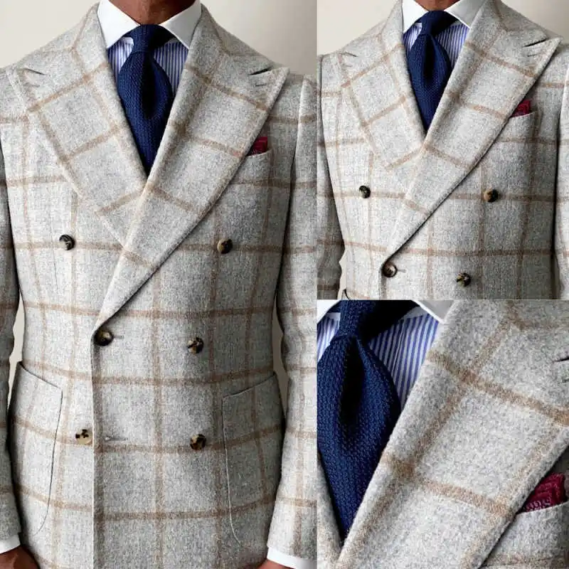 

Classic Plaid Men Suits 2 Pieces Jacket Pants Peak Lapel Double Breasted Blazer Special Occasion Customized trajes de hombre