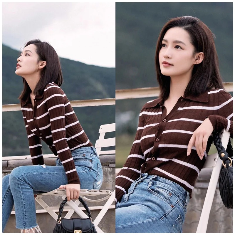 

Slim Fit Striped Knitted Cardigan Women's Korean Sle Vintage Collar Long Sve Regular Length Button up Cotton Spring Faion