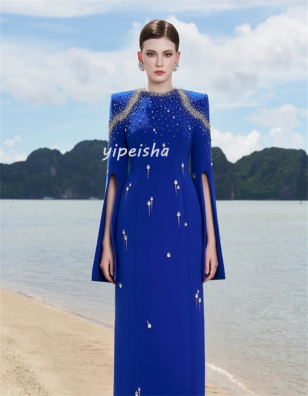 Robe longue en Jersey complexe scintillant, personnalisée, plissée, strass, paillettes, col haut, robes d'occasion sur mesure, rétro