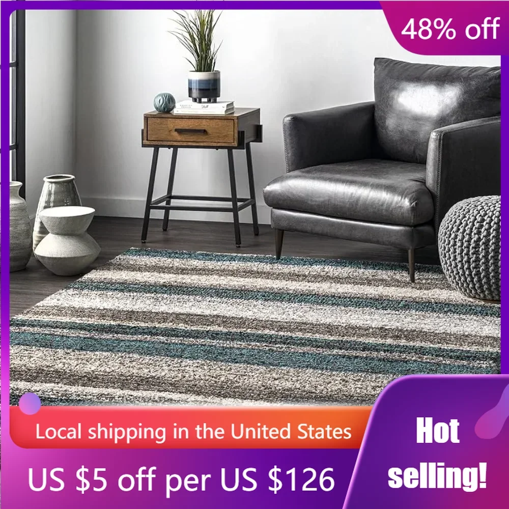 

Drey Striped Shag Area Rug Carpet Living Room Decor 8x10 Blue Multi Freight Free Decoration Home Textile Garden