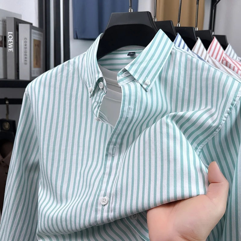 

Spring and Autumn Best-selling Commuting Office Outdoor Men's Striped Casual Fashion Long Sleeved Lapel Cotton Silk Shirt