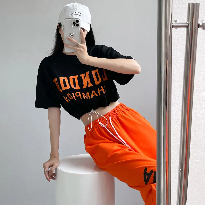 Adult Hip Hop Clothing Black Tops Orange Pants Casual Overalls Street Dance Wear Jazz Performance Clothes Hip Hop Dance Costumes