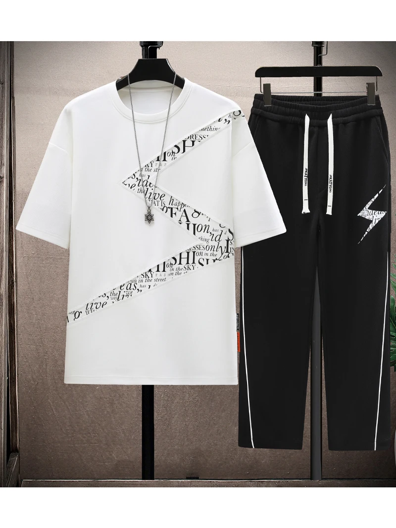 Conjunto Esportivo de Verão com Camiseta de Gola Redonda e Manga Curta para Homens, Adolescentes e Estudantes, Calças Longas ...