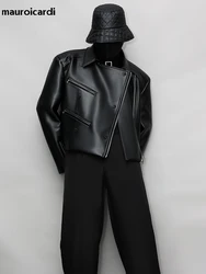 Mauroicardi Spring Autumn Oversized Cool Pu Leather Jacket Men Long Sleeve Stand Collar High Quality Luxury Designer Clothes