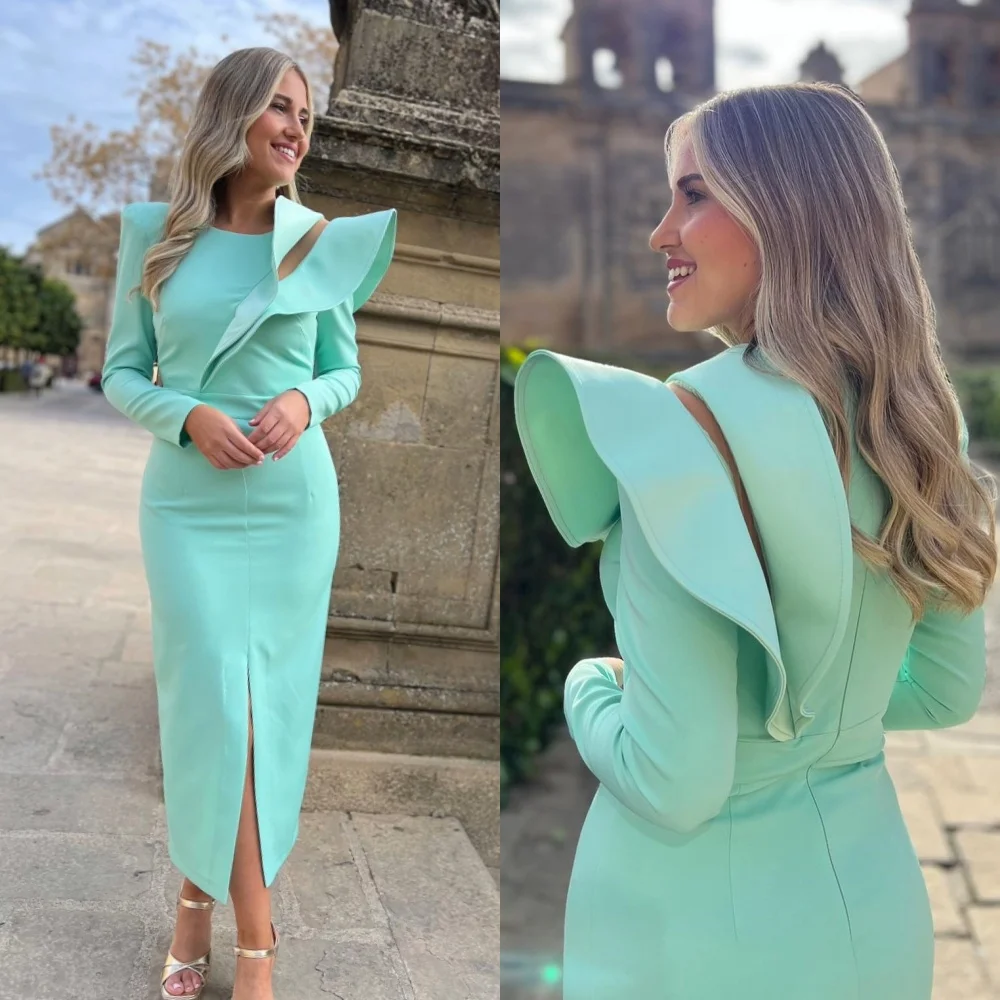 Jersey Pleat Ruched Ruffles Celebrity A-line O-Neck Bespoke Occasion Gown Midi Dresses