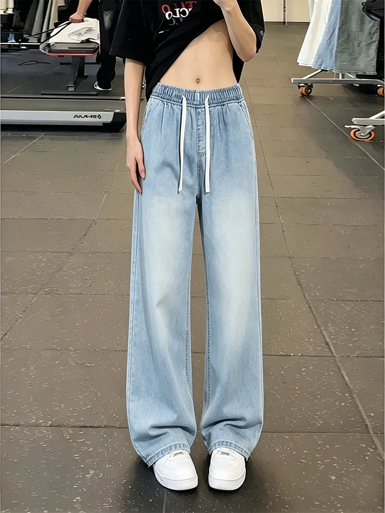 Calças Jeans Azul Claro com Cordão para Homens e Mulheres, Finas, Estilo Americano, Seda Gelada, Boca de Sino, Longas, Soltas...