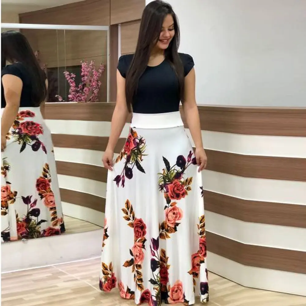 Large Size Floral Print Split Color Short Sleeve Dress Women Elegant Style Summer Collection Wish Best Selling Cross Border