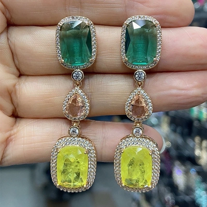 

women earrings cubic zirconia cute luxury jewelry yellow white pink block drop dangling earrings unique design gift female