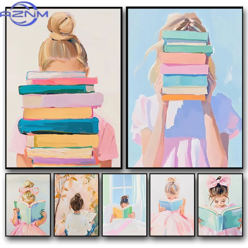 Cute Blonde Girl Reading Book Painting Art Poster Canvas Modern Printed Mural Living Room Girl's Bedroom Home Decoration Gift
