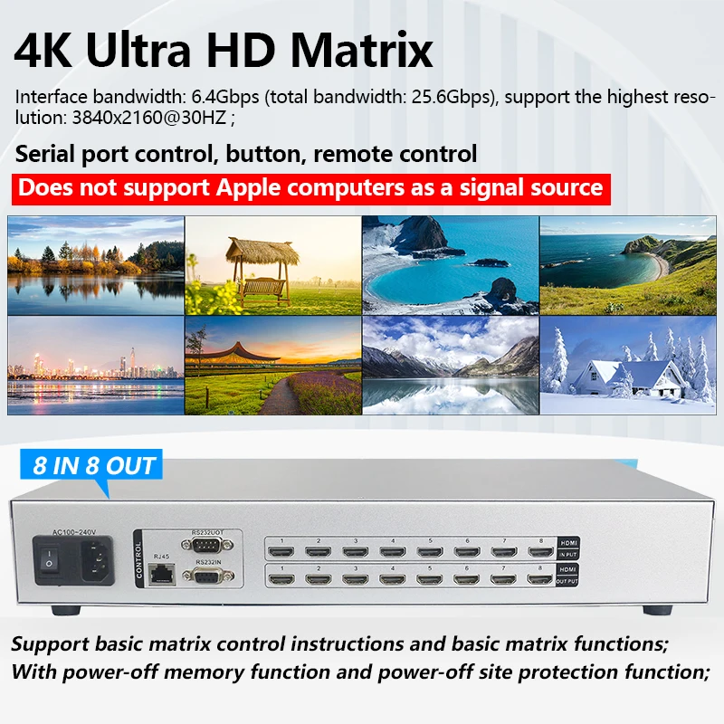 

Matrix Switch HDMI2.0 8x8 4K 60Hz HDCP2.2 Profesional Rack HDMI-compatible Splitter 8 in 8 out with HDMI Audio Video Switcher E