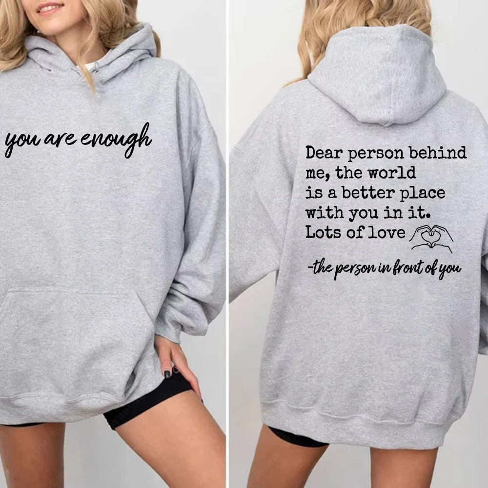 Du bist genug, lieber Mensch hinter mir, beidseitiger Hoodie, Hoodie mit Positivität auf Vorder- und Rückseite, Sweatshirt zur Suizidprävention – Detail 20