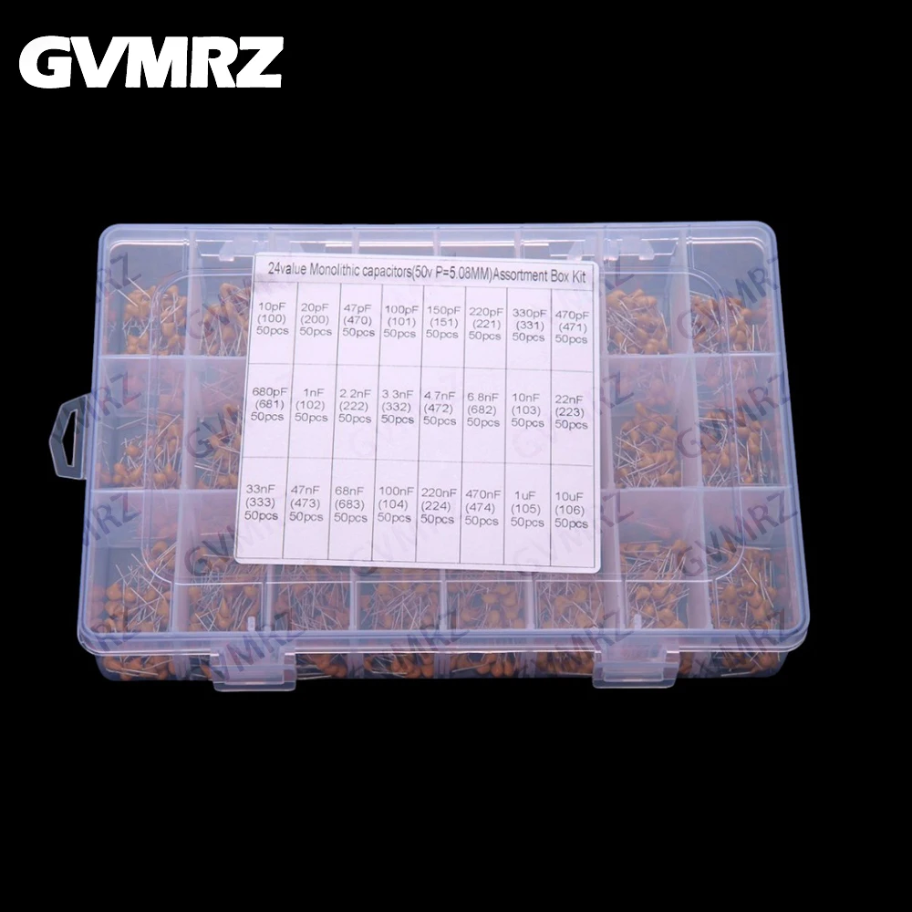 24Values ​​1200PCS Each 50PCS Monolithic Capacitor Set 10PF-10UF 104 105 106 Through-hole 33NF 47NF 68NF 100NF 150PF 220PF