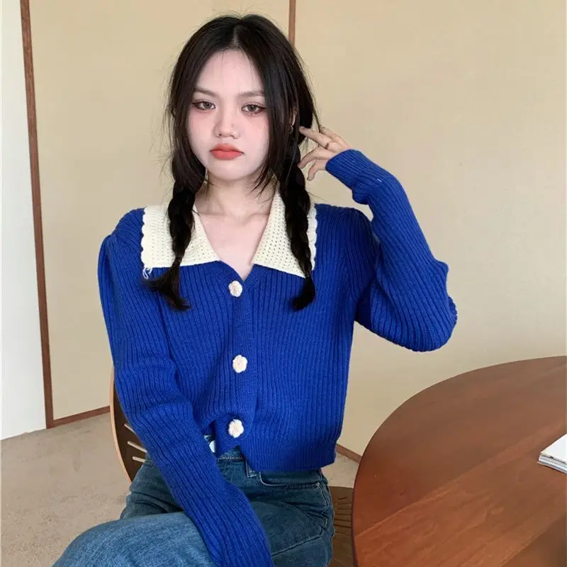 Cropped Cardigan Women Peter Pan Collar Sweet Lovely Preppy Korean Fashion Style Autumn Sweaters Knitted Кардиган Женский Retro