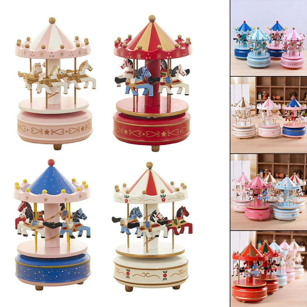 Wooden Carousel Music Box Ornaments Rotatable Hand-cranked Music Box DIY Handmade Birthday Christmas Gifts Children Toys