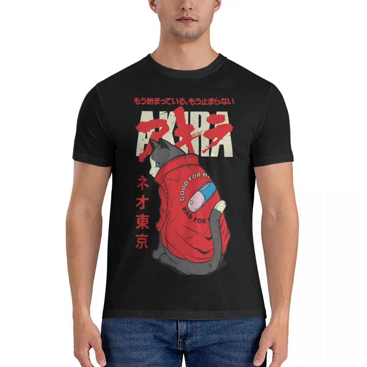 Akira Cat T-Shirt Men Cotton Tops Shirts Ullzang Cyberpunk 80s Movie Anime Manga Vintage Round Neck Short Sleeve