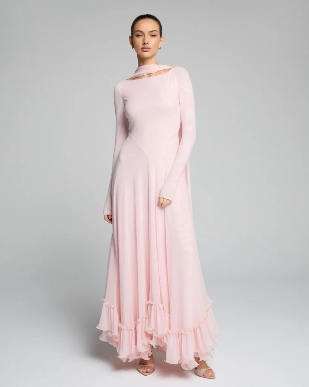 

Customized Simple Women Chiffon Ruched Pleat A-Line Evening Dresses High Quality O-Neck Long Sleeves Floor Lenght Prom Dresses