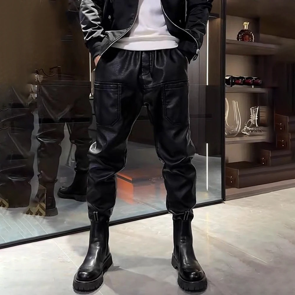 Mens Pu Leather Pants Casual Rider Motorcycle Pants Spring Streetwear Fashion Slim Youth PU Pencil Pants Men'S Clothing 2025 New