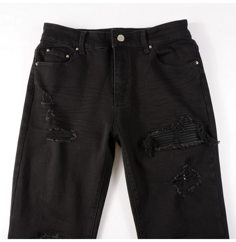 Herren Leder-Patch Biker-Jeans für Motorrad-Streetwear, Löcher, Ripped Patchwork Stretch-Denim-Hose, Schwarze Skinny Tapered Hose – Detail 6