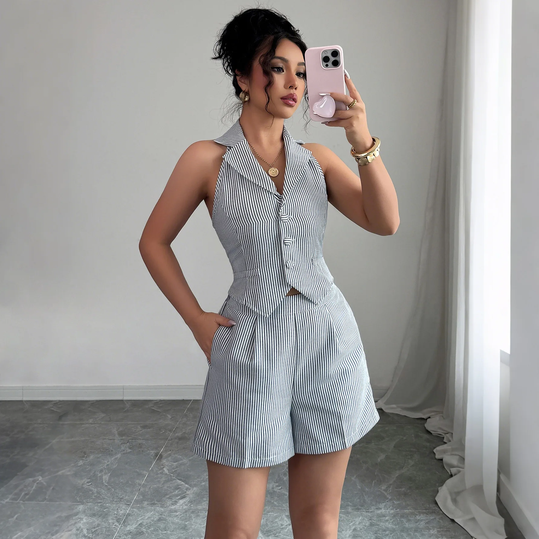 

Shorts Pant Set Women Two Piece Sets Turn Down Collar Sleeveless Tops Short Pants High Waist Y2k Streetwear Elegant Splice