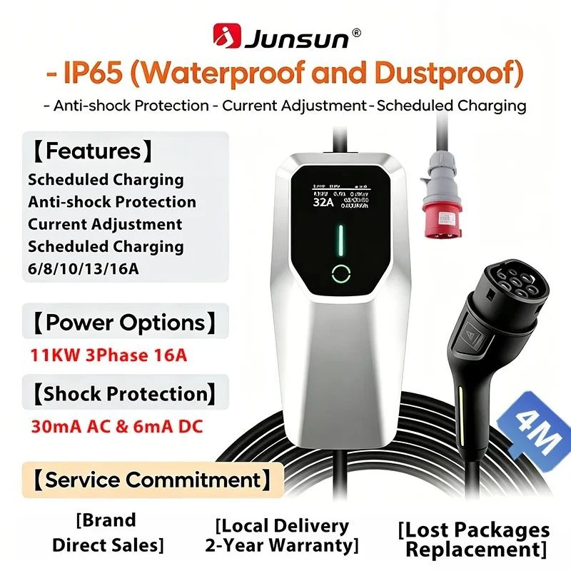 Junsun Draagbare EV-lader 3 6KW 7KW 11KW 22KW IP65 Waterdicht Type 2 Laadkabel 6 8 10 13 16 20 24 32A Instelbare stroom Afgestelde laadvertraging Timer Touch Button bediening 2 jaar garantie voor EU